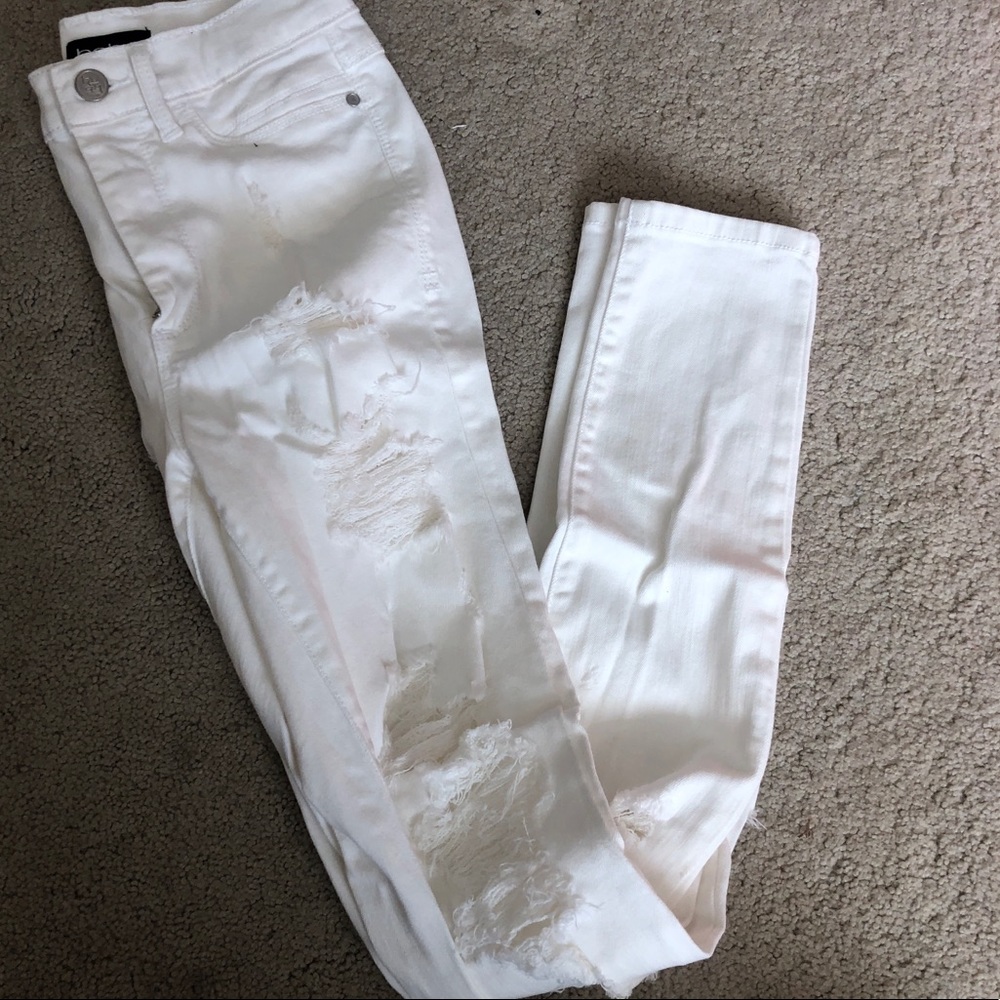 BEBE High Rise White Destroyed Skinny Jeans